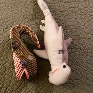 Painted Wooden Whale & Stuffed Hammerhead Shark